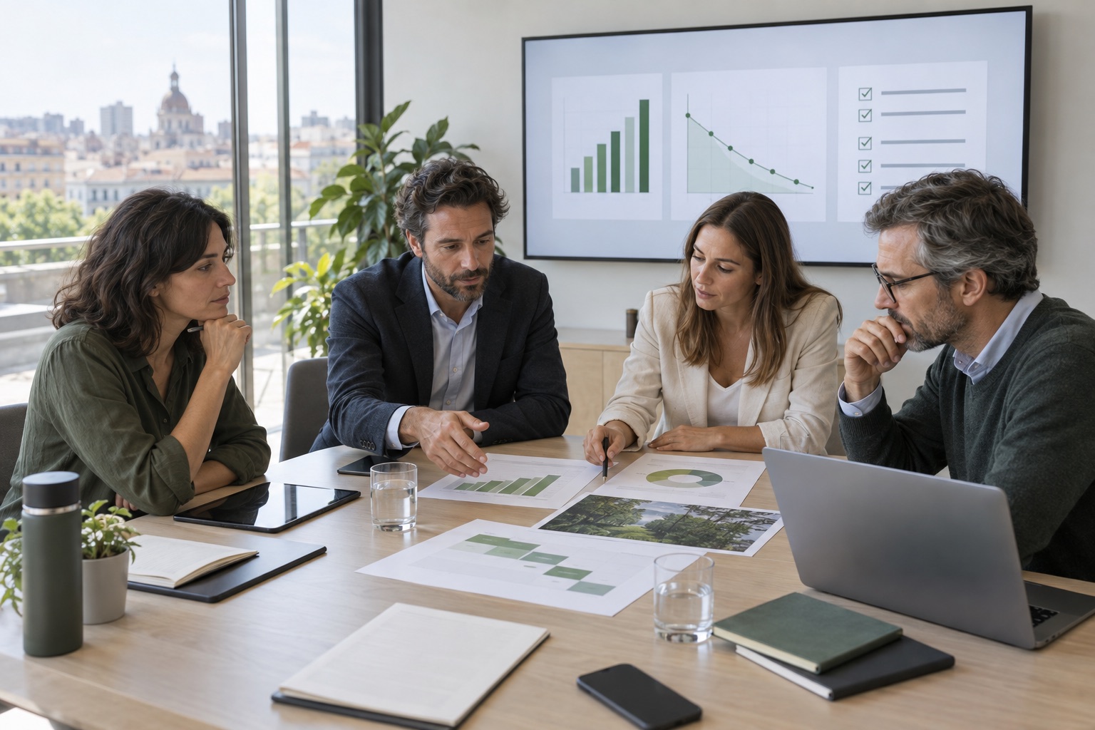 Equipo de sostenibilidad revisando un plan de cálculo y reducción de emisiones